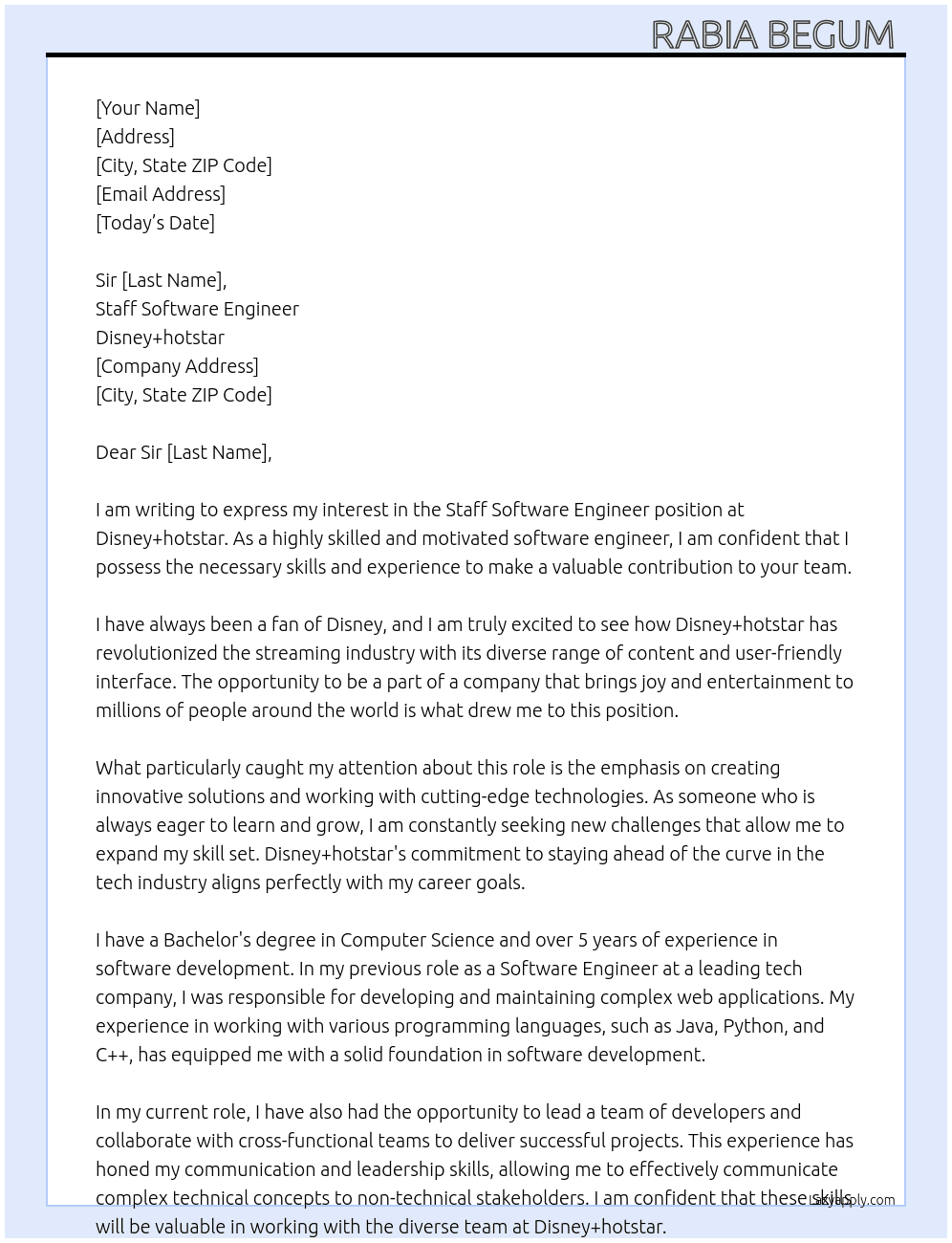 Staff Staff Software Engineer At Disney+hotstar  Cover Letter