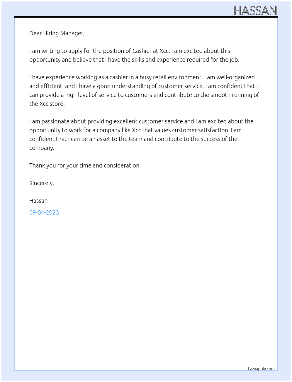 Cashier  At Xcc Cover Letter