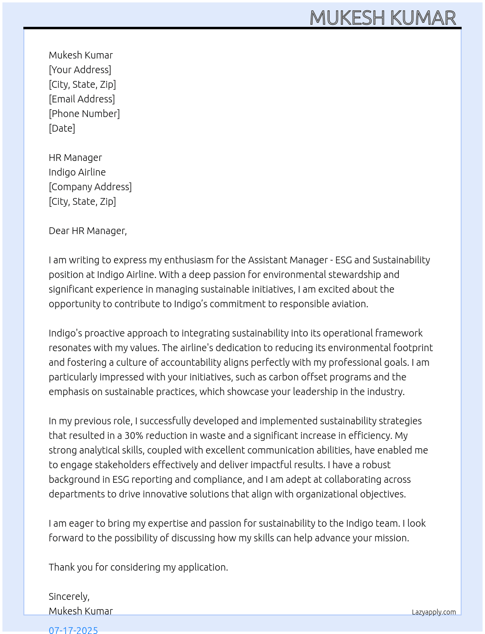 Cover letter for assistant manager - esg and sustainability - LazyApply