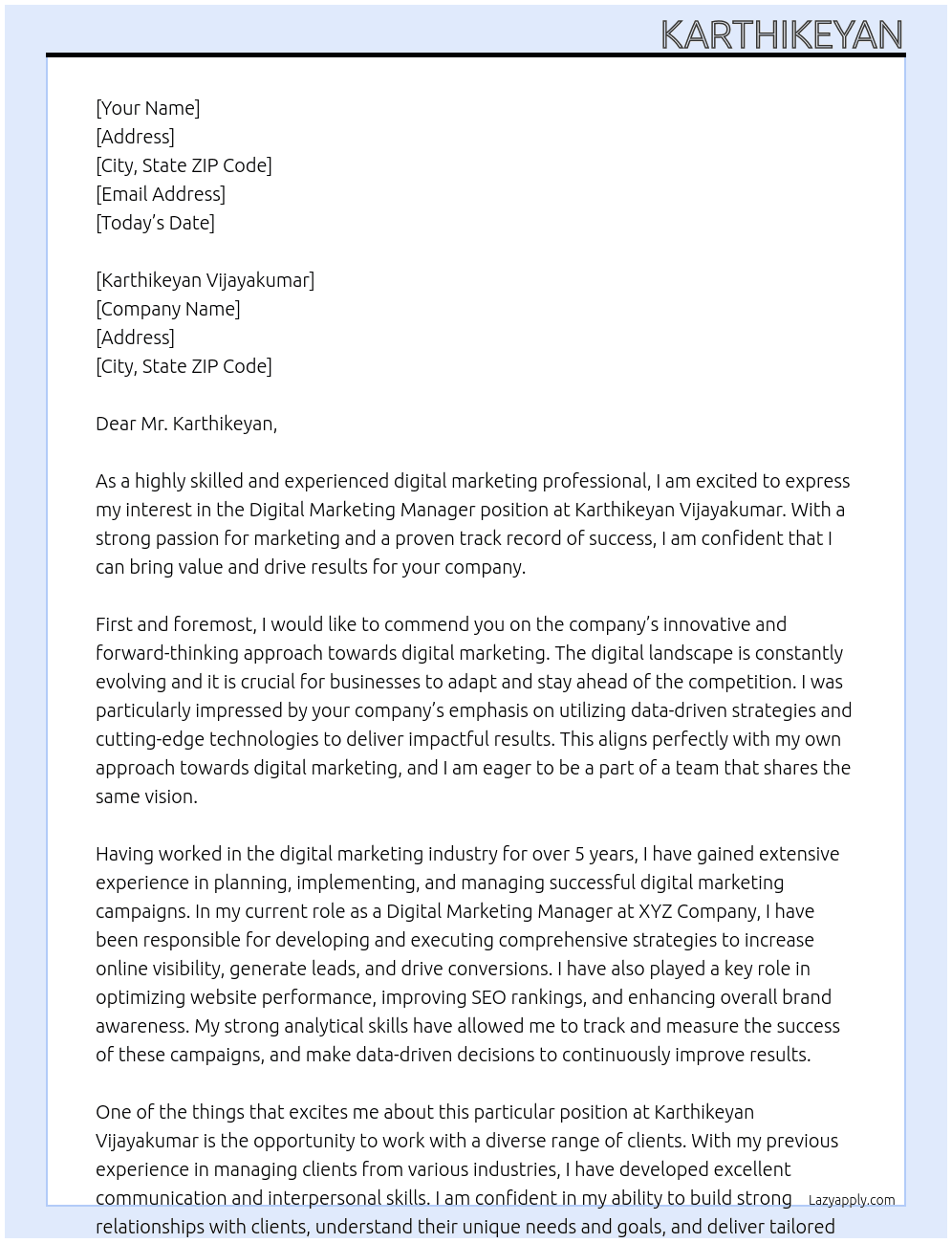 Digital Marketing Manager At Karthikeyan Vijayakumar Cover Letter
