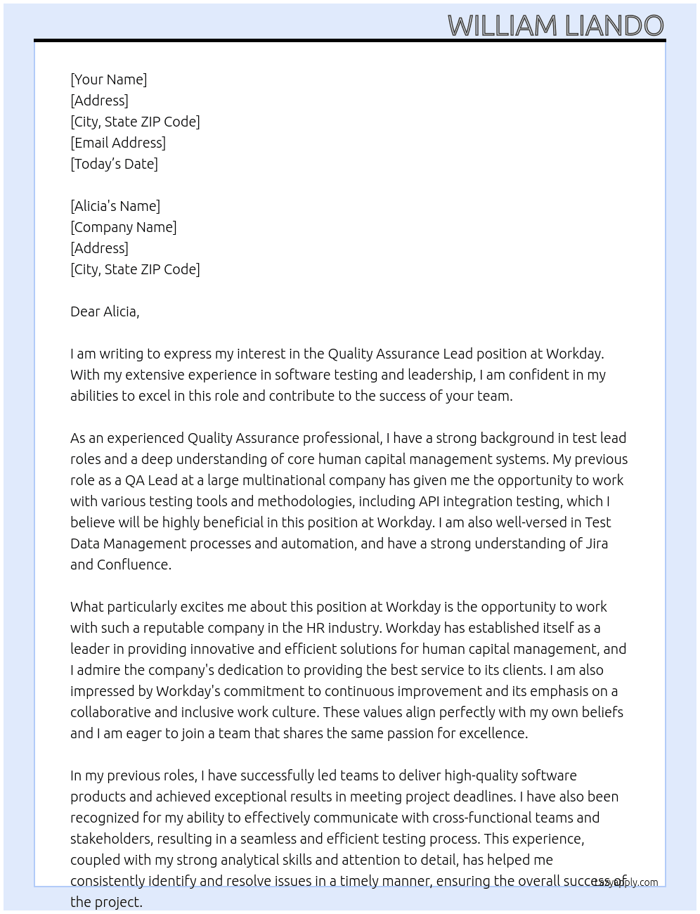 Quality Assurance Lead At Workday Cover Letter