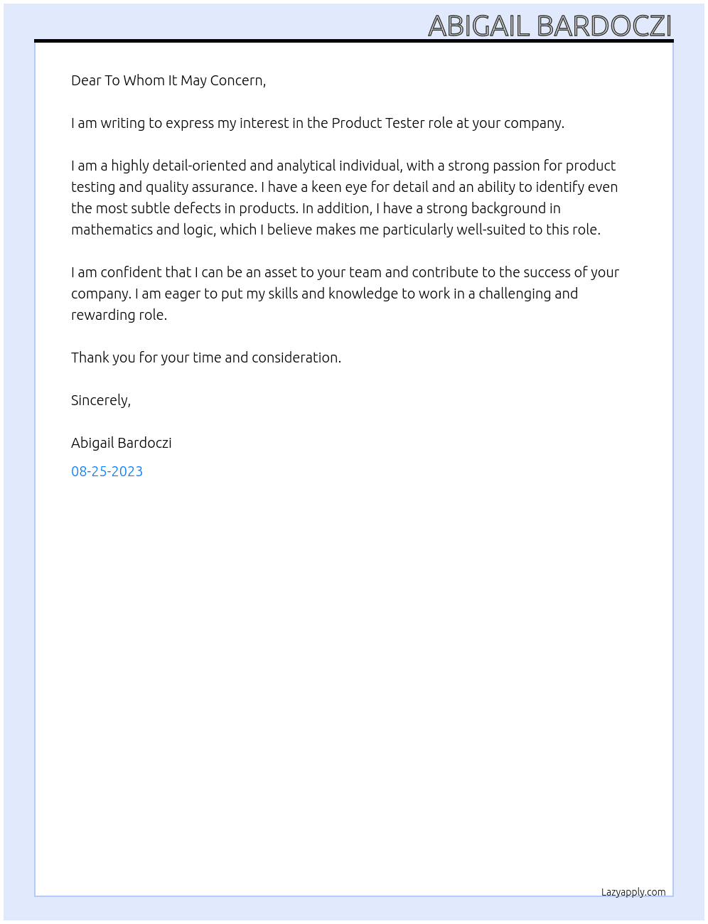 Product Tester At None Cover Letter