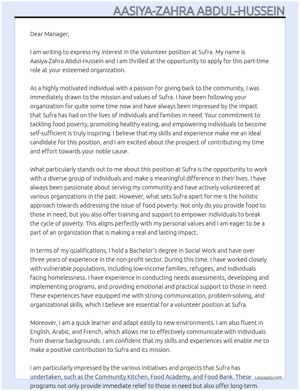 Volunteer At Sufra  Cover Letter