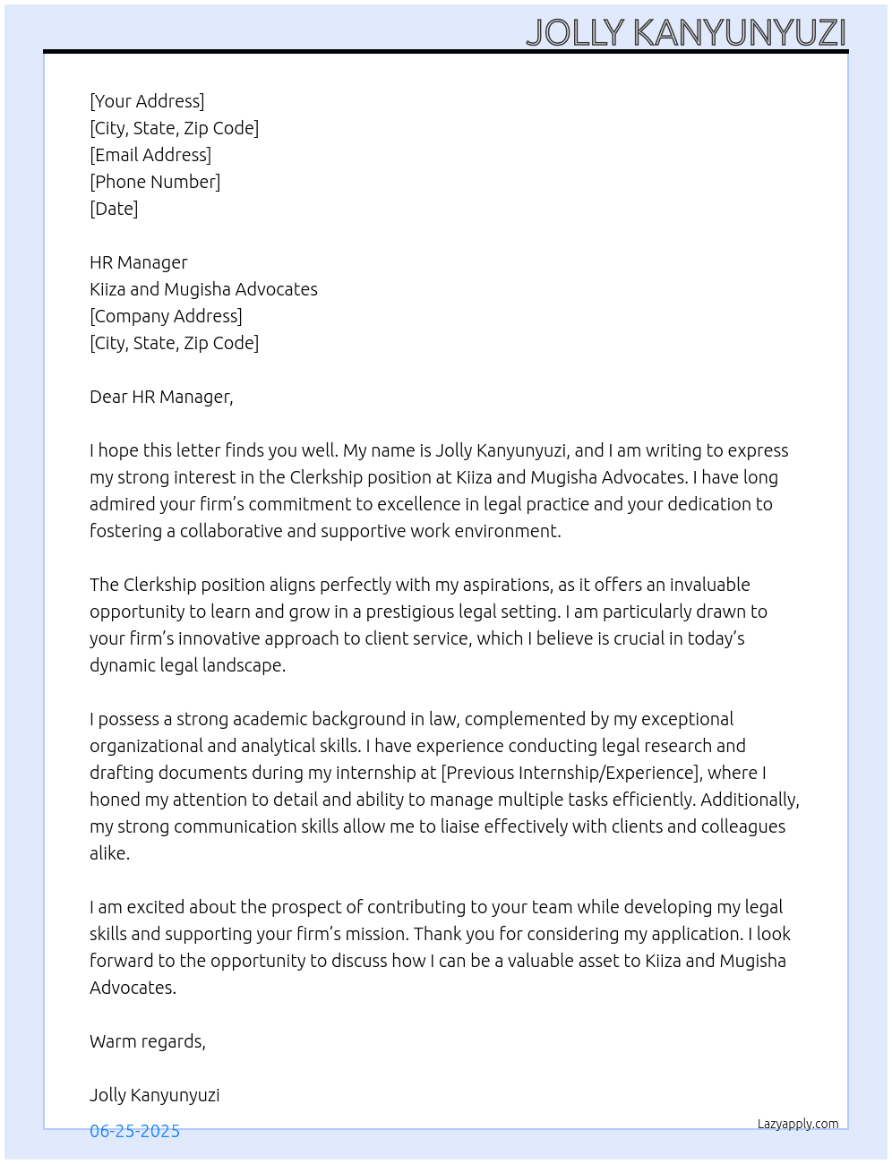 Clerkship At Kiiza and mugisha and company advocates  Cover Letter