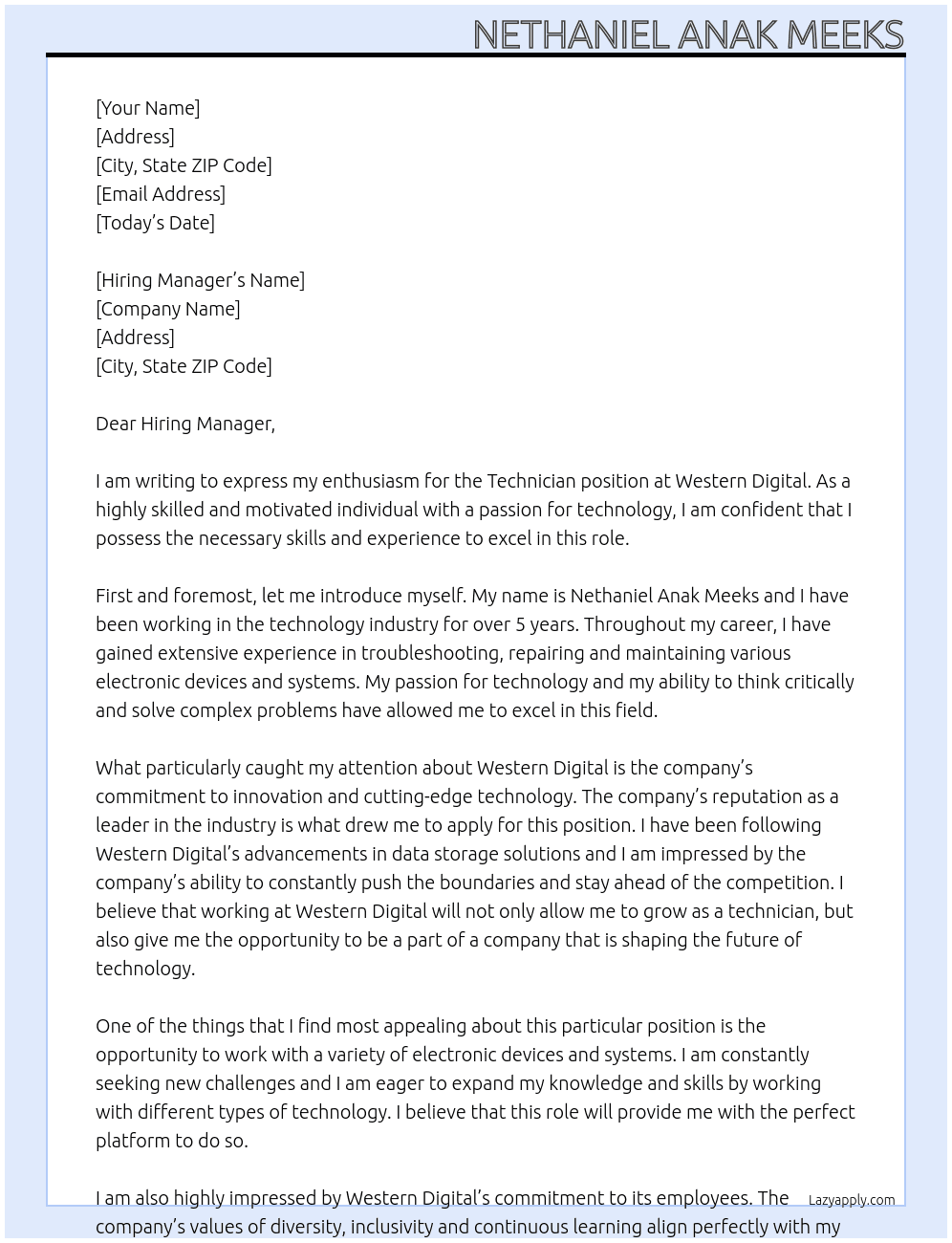 Technician At Western Digital Cover Letter