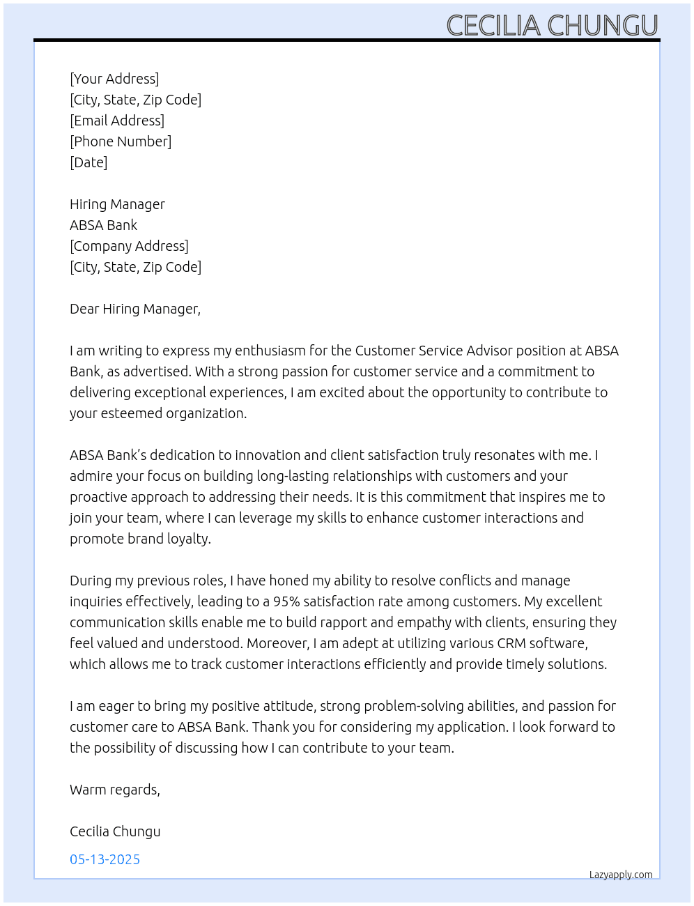 Customer Service advisor  At ABSA Bank Cover Letter