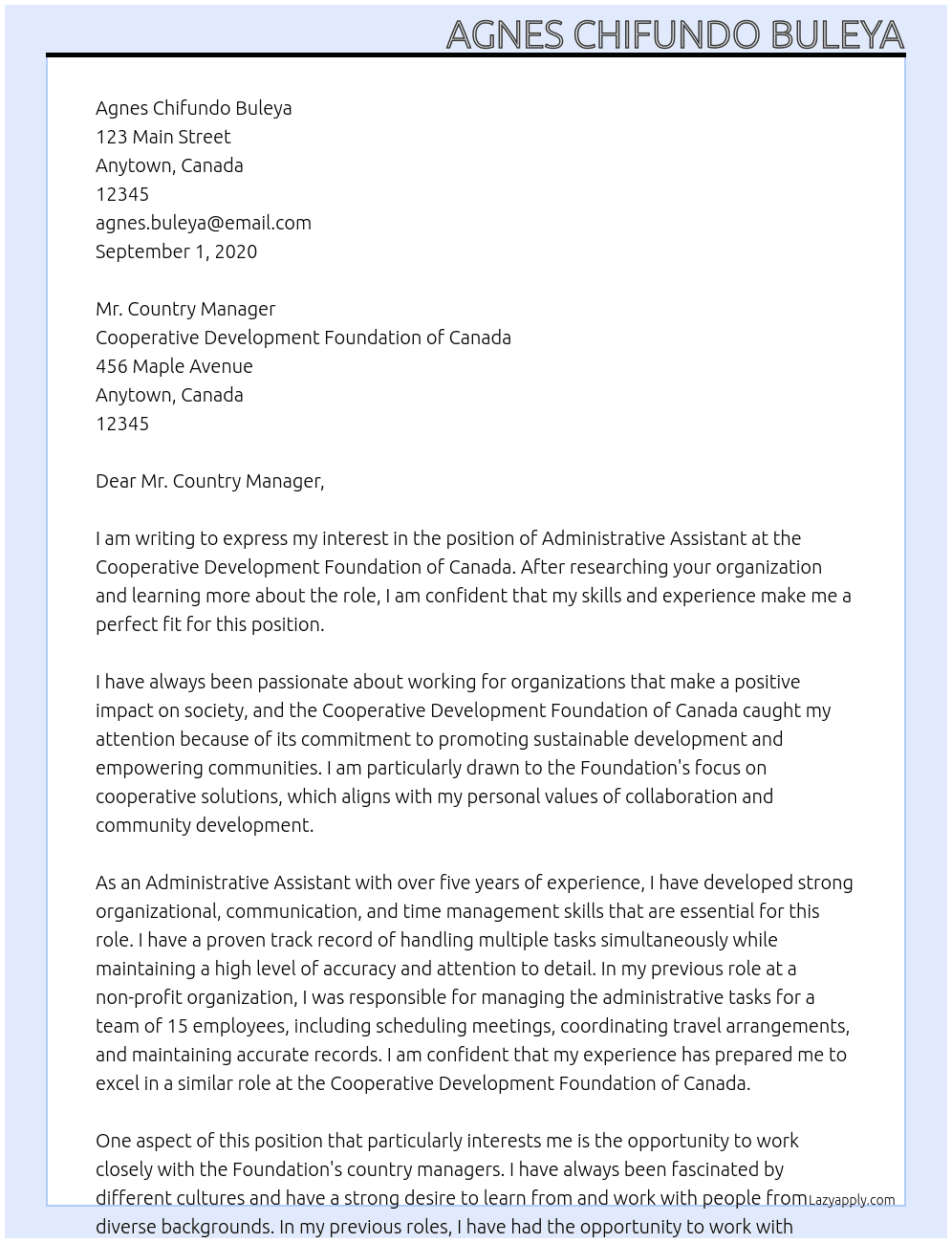 Administrative Assistant At Cooperative Development Foundation of Canada Cover Letter