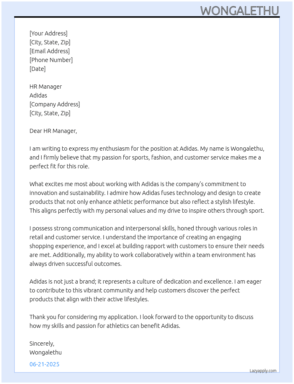 adiddas store At adiddas Cover Letter