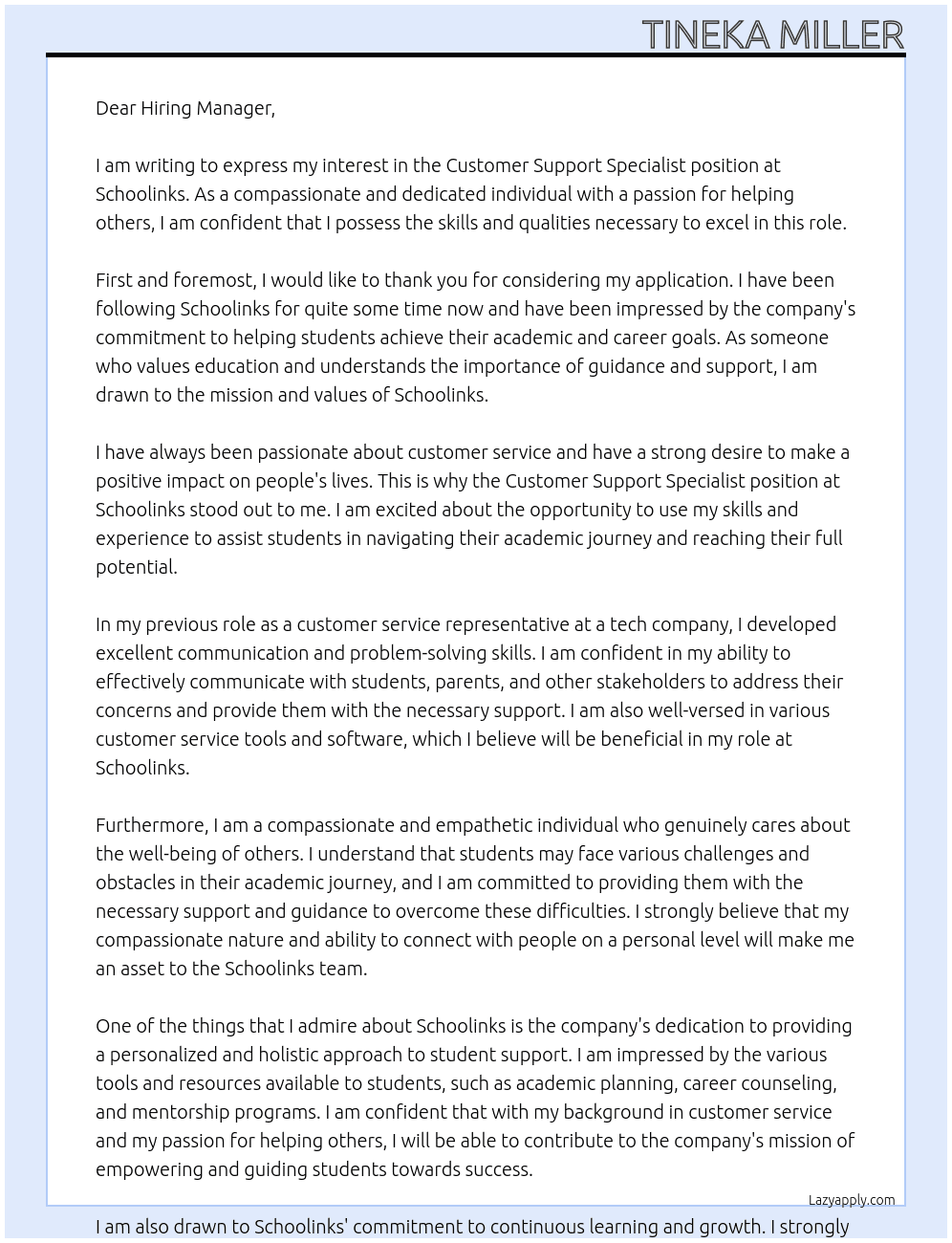 customer support specialist At schoolinks Cover Letter