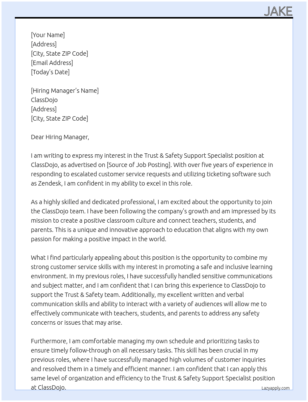 Trust & Safety Support Specialist At ClassDojo Cover Letter