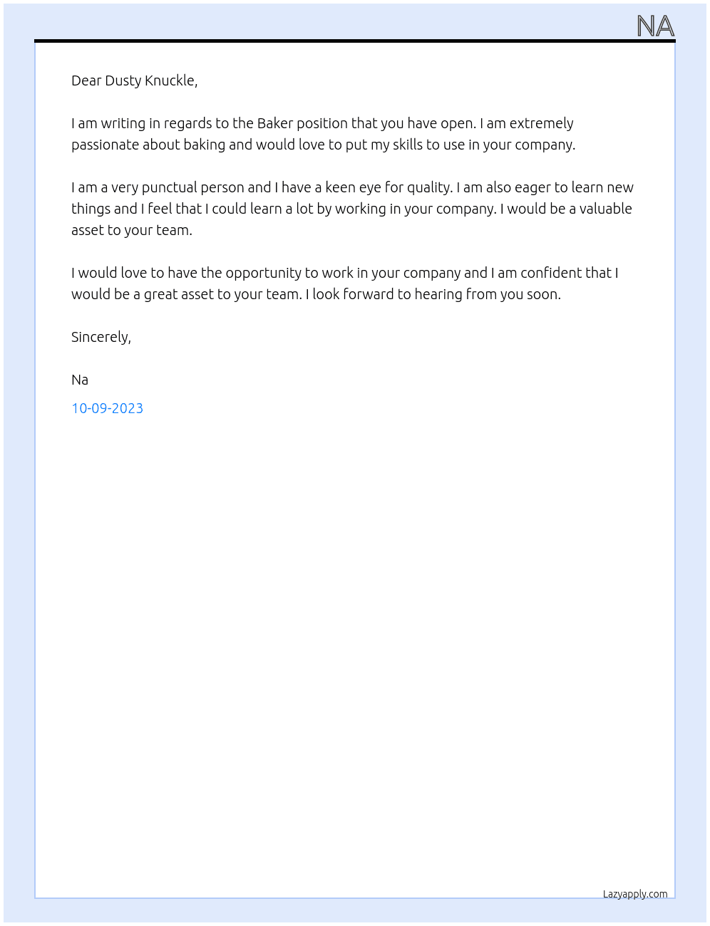 Baker At Dusty Knuckle Cover Letter