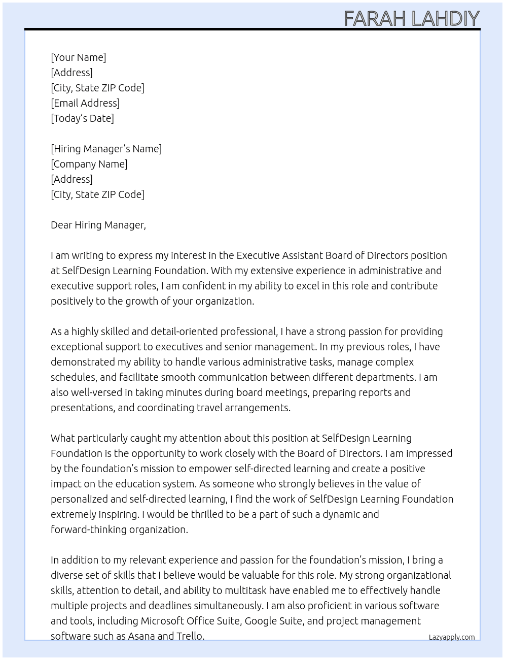 Executive Assistant Board of Directors At SelfDesign Learning Foundation Cover Letter
