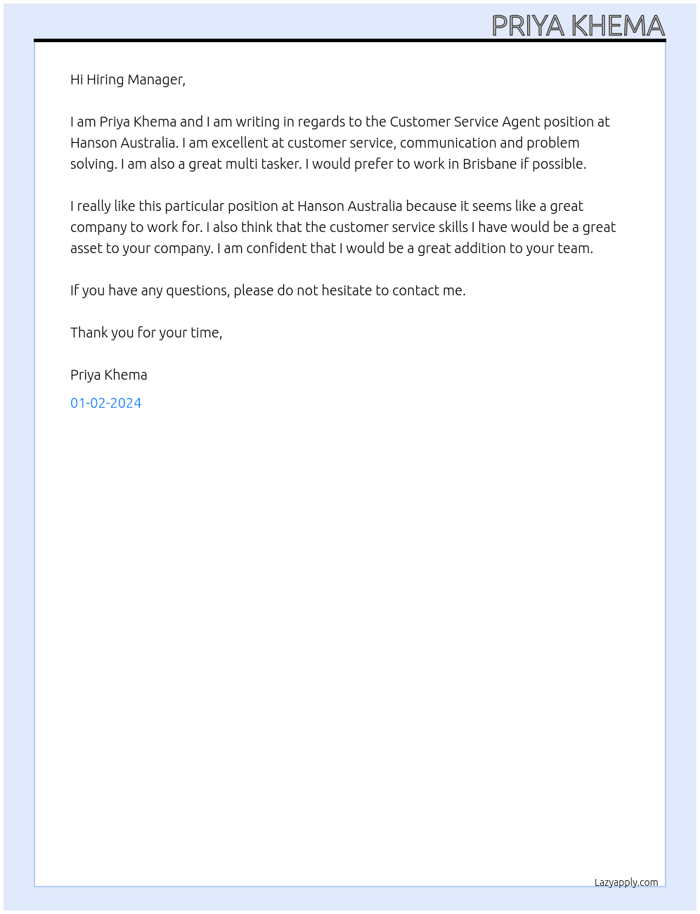 Customer Service Agent At Hanson Australia Cover Letter