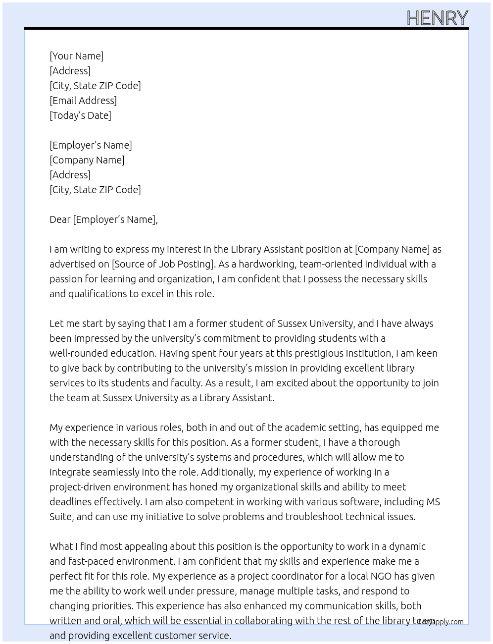 Library Assistant At Sussex University Cover Letter