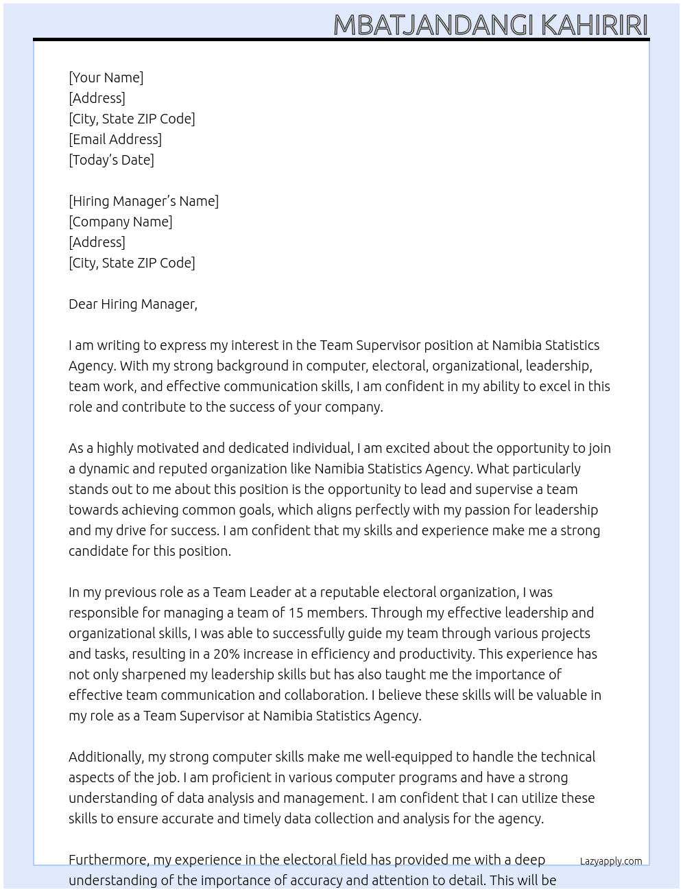 Team Supervisor At Namibia Statistics Agency Cover Letter