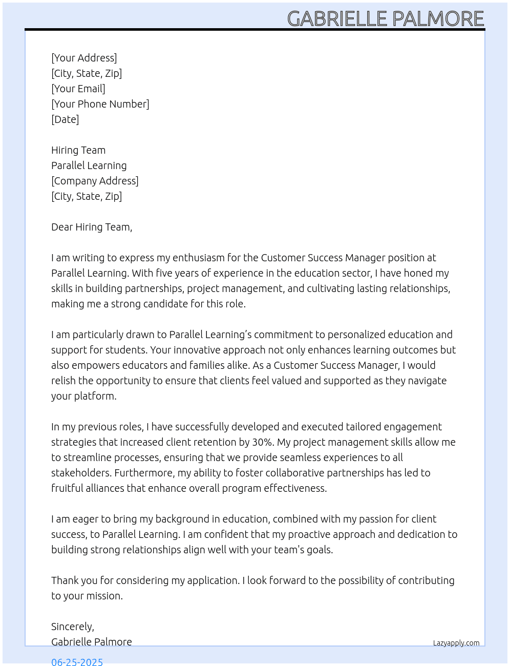 Customer Success Manager  At Parallel Learning Cover Letter
