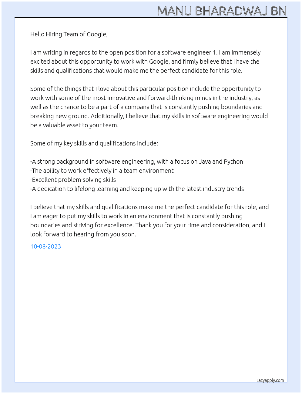software Engineer 1 At Google Cover Letter