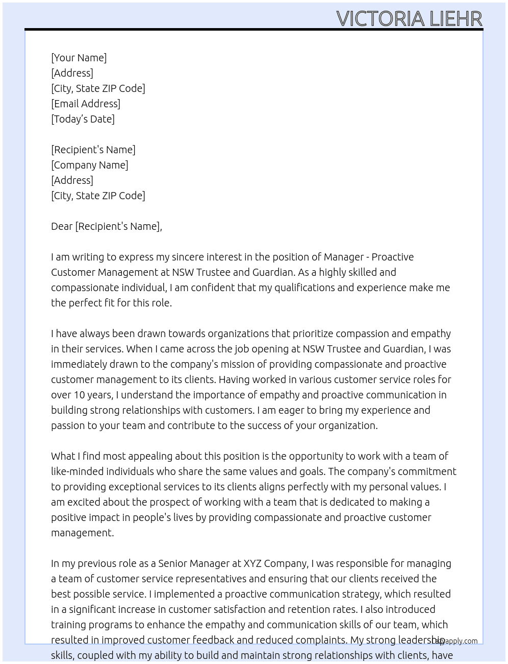 Manager - Proactive Customer Management At NSW Trustee and Guardian Cover Letter