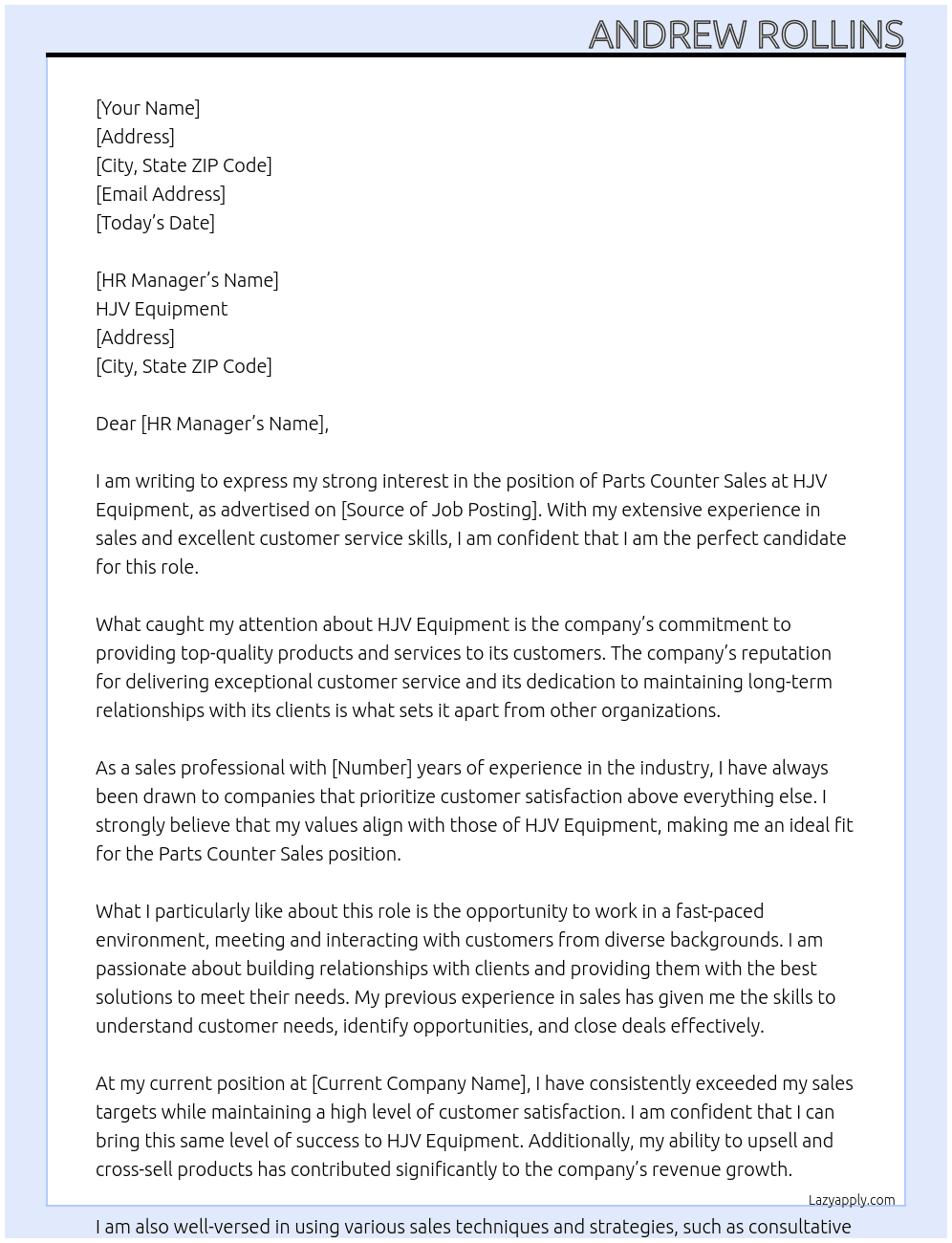 parts counter sales At HJV Equipment Cover Letter