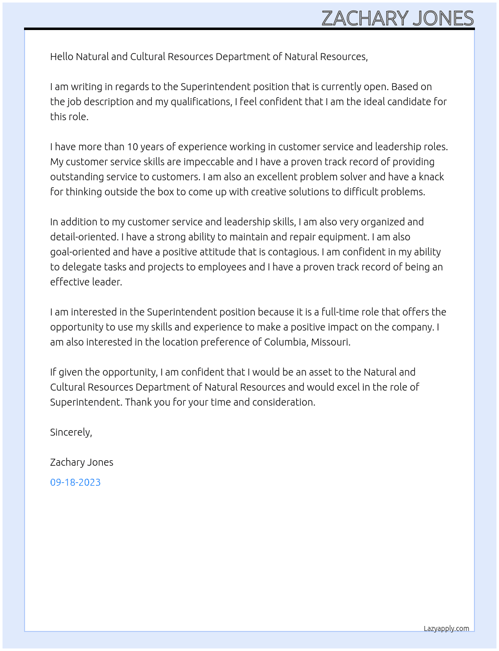 Superintendent At Natural and Cultural Resources Department of Natural Resources Cover Letter