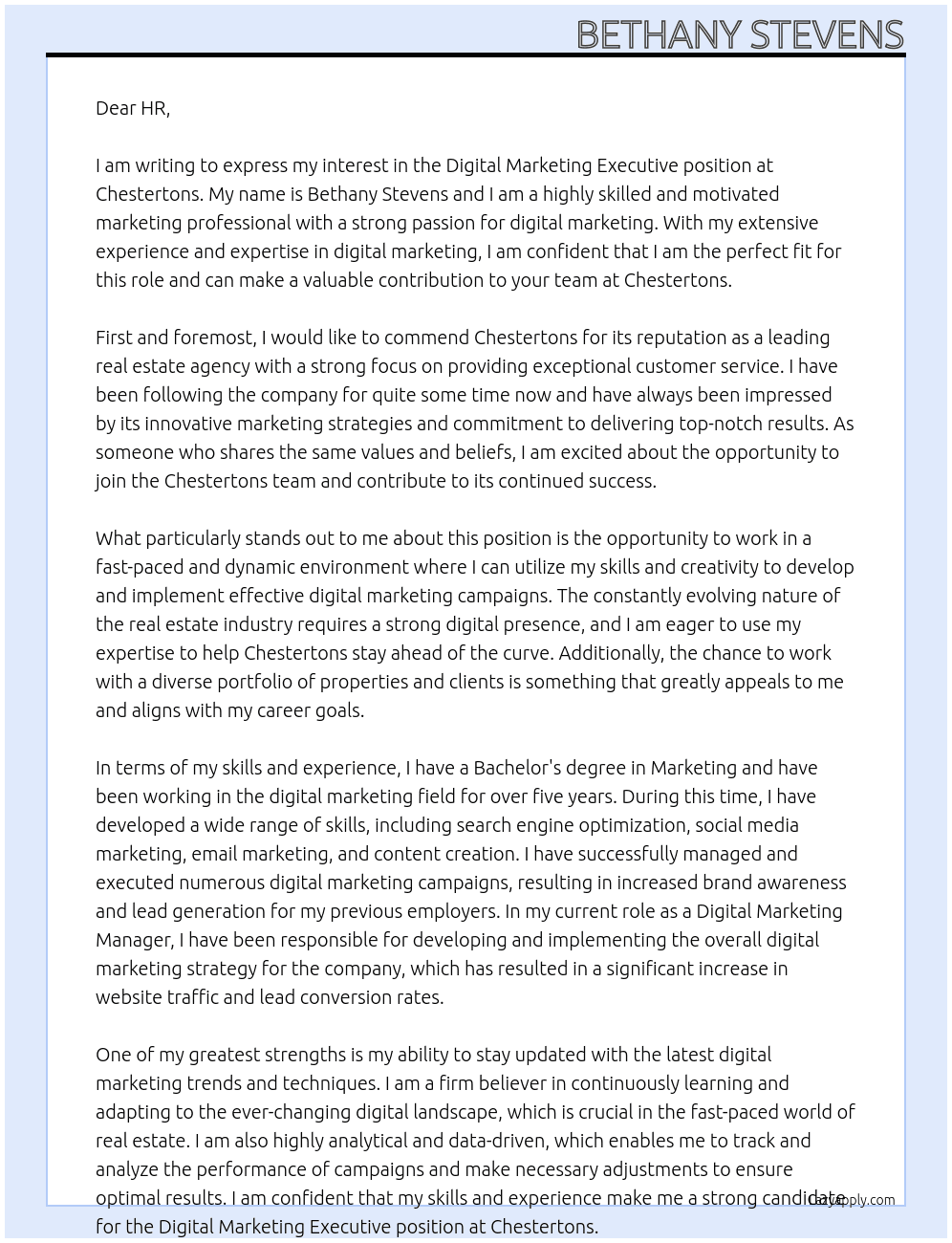 Digital Marketing Executive At Chestertons Cover Letter