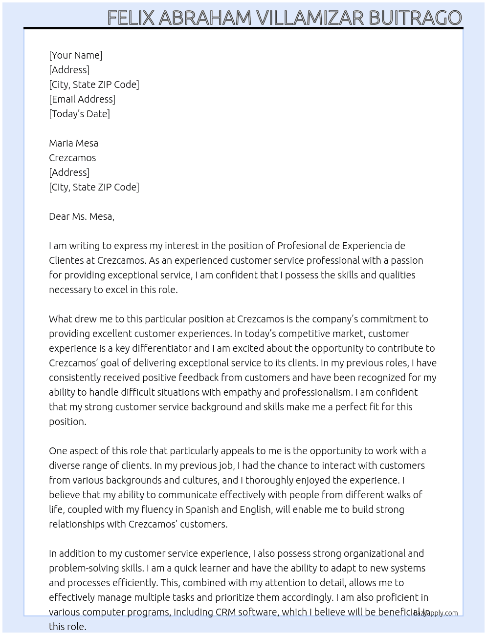 Profesional de experiencia de clientes  At crezcamos Cover Letter