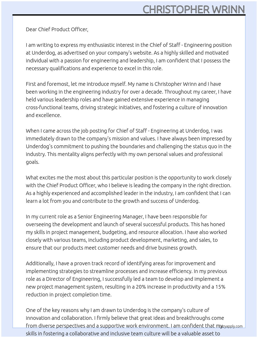 Chief of Staff - Engineering At Underdog  Cover Letter