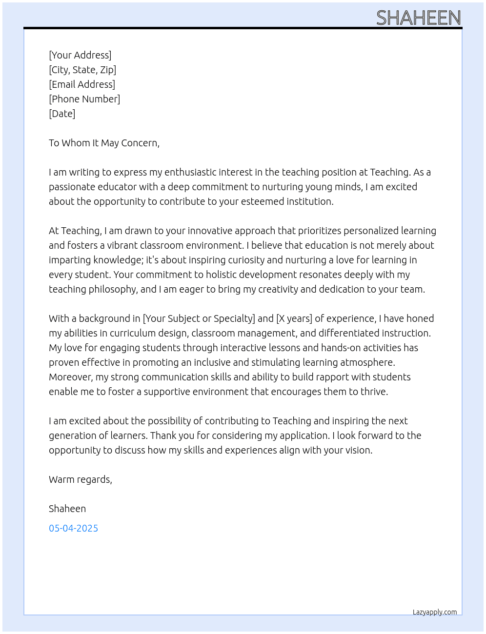 teacher At teaching Cover Letter