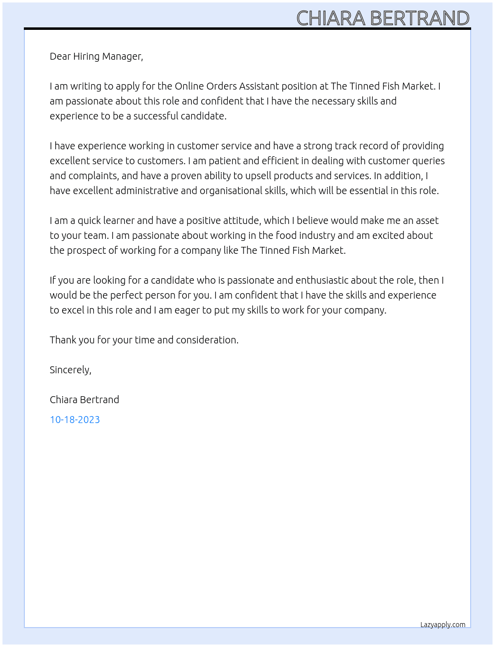 Online Orders Assistant At The Tinned Fish Market Cover Letter