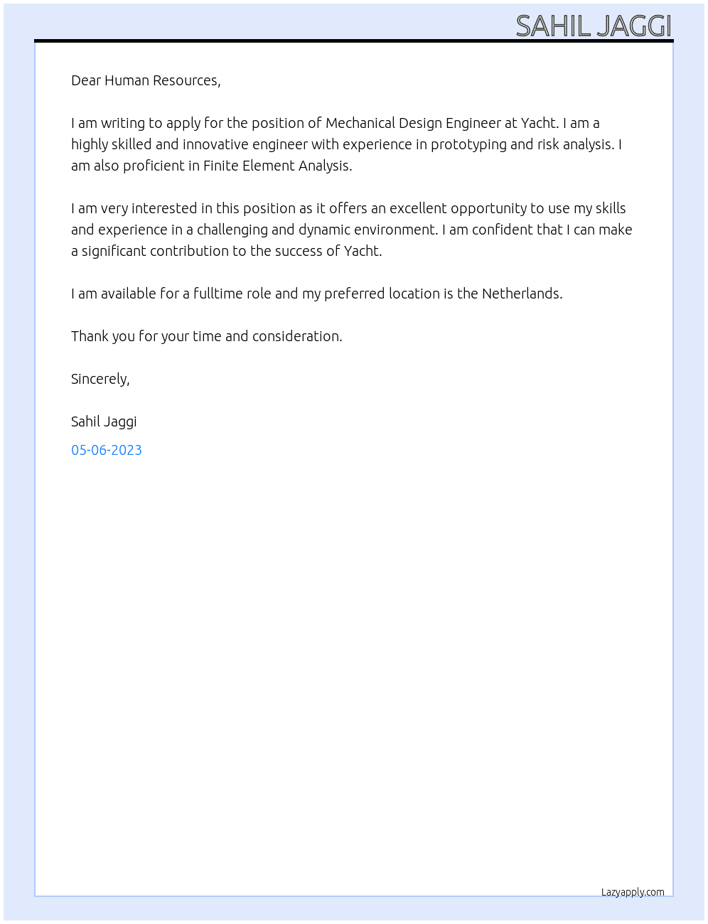 Mechanical Design Engineer At Yacht Cover Letter