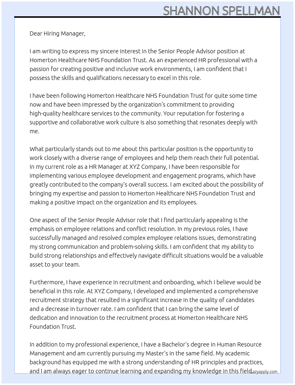 Senior People Advisor At Homerton Healthcare NHS Foundation Trust Cover Letter