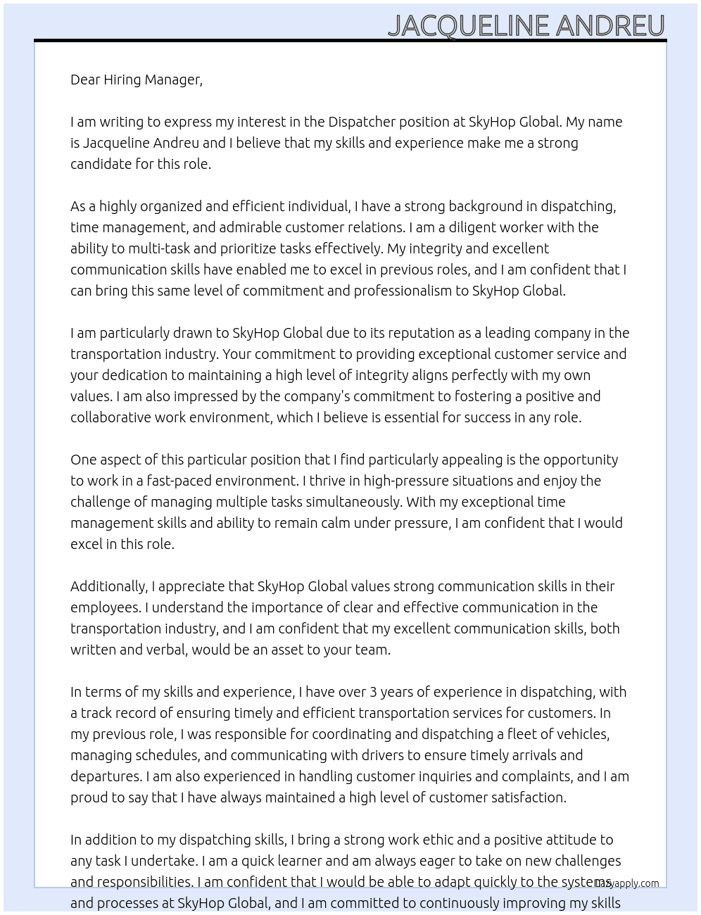Dispatcher At SkyHop Global Cover Letter