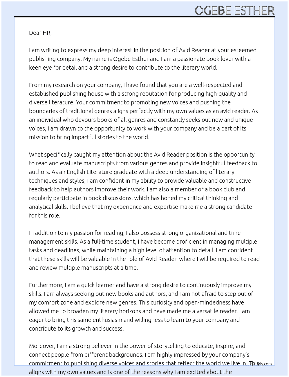 Avid reader At publishing company Cover Letter