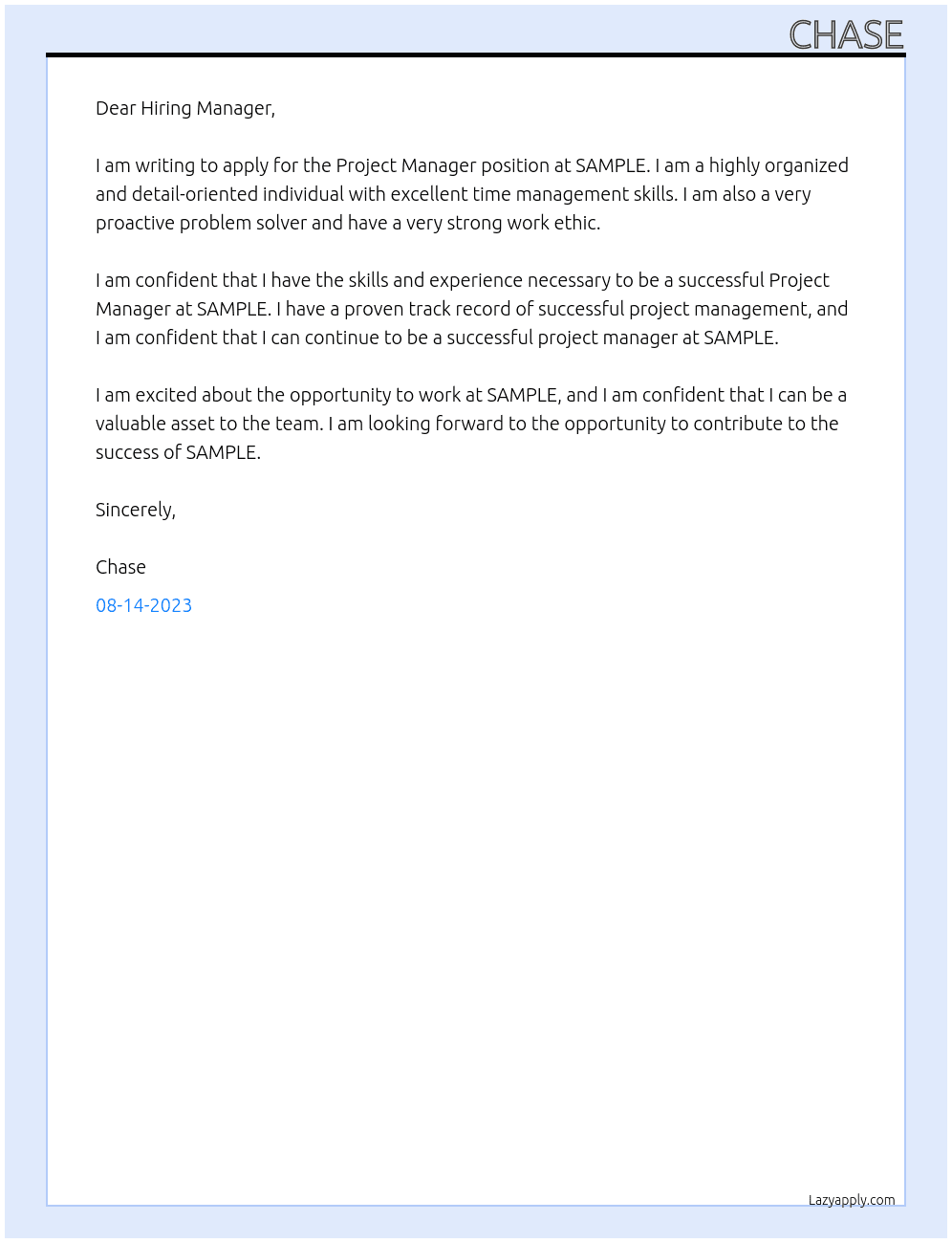 Project Manager At SAMPLE Cover Letter