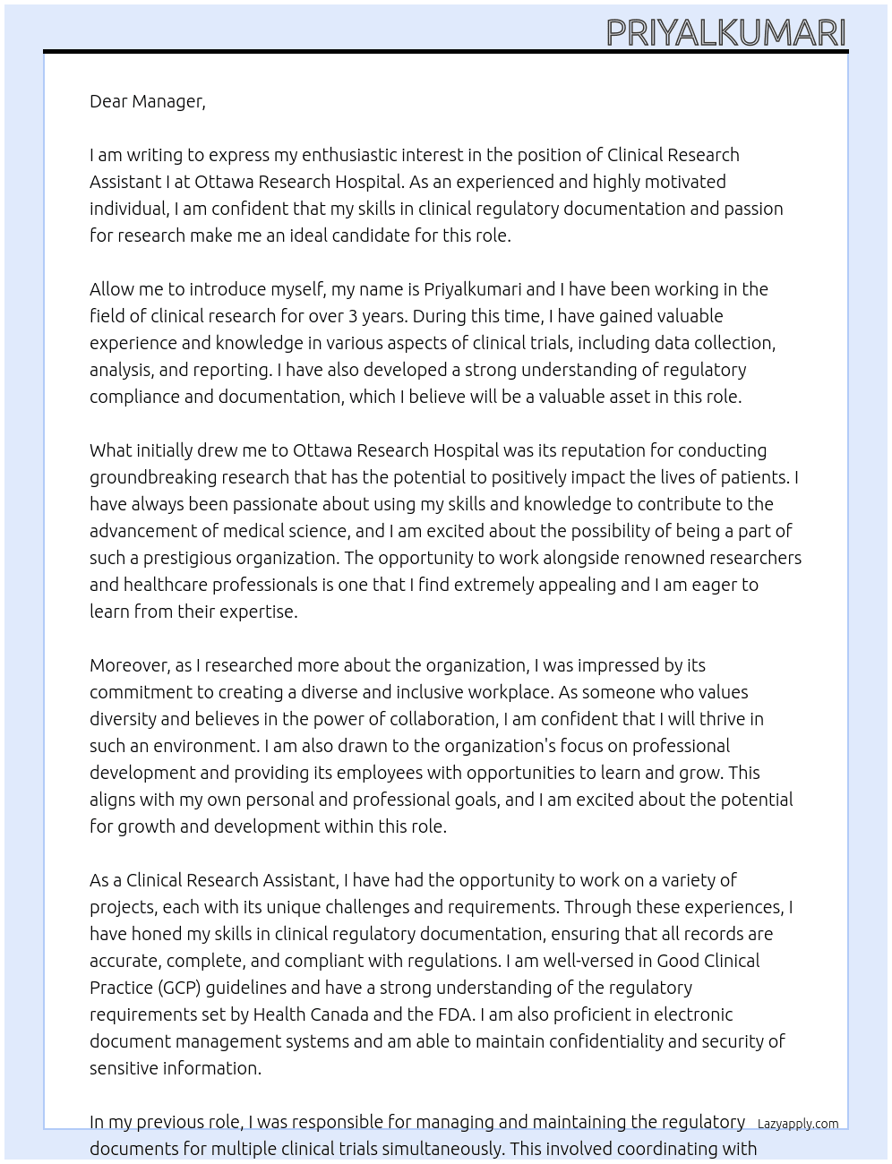 Clinical Research Assistant I At Ottawa Research Hospital Cover Letter