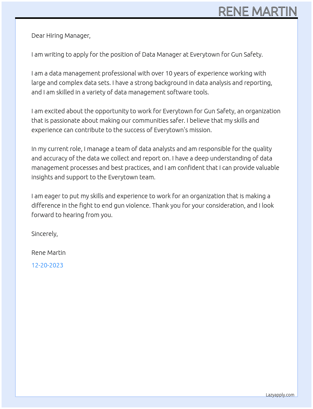 Data Manager At Everytown for Gun Safety Cover Letter