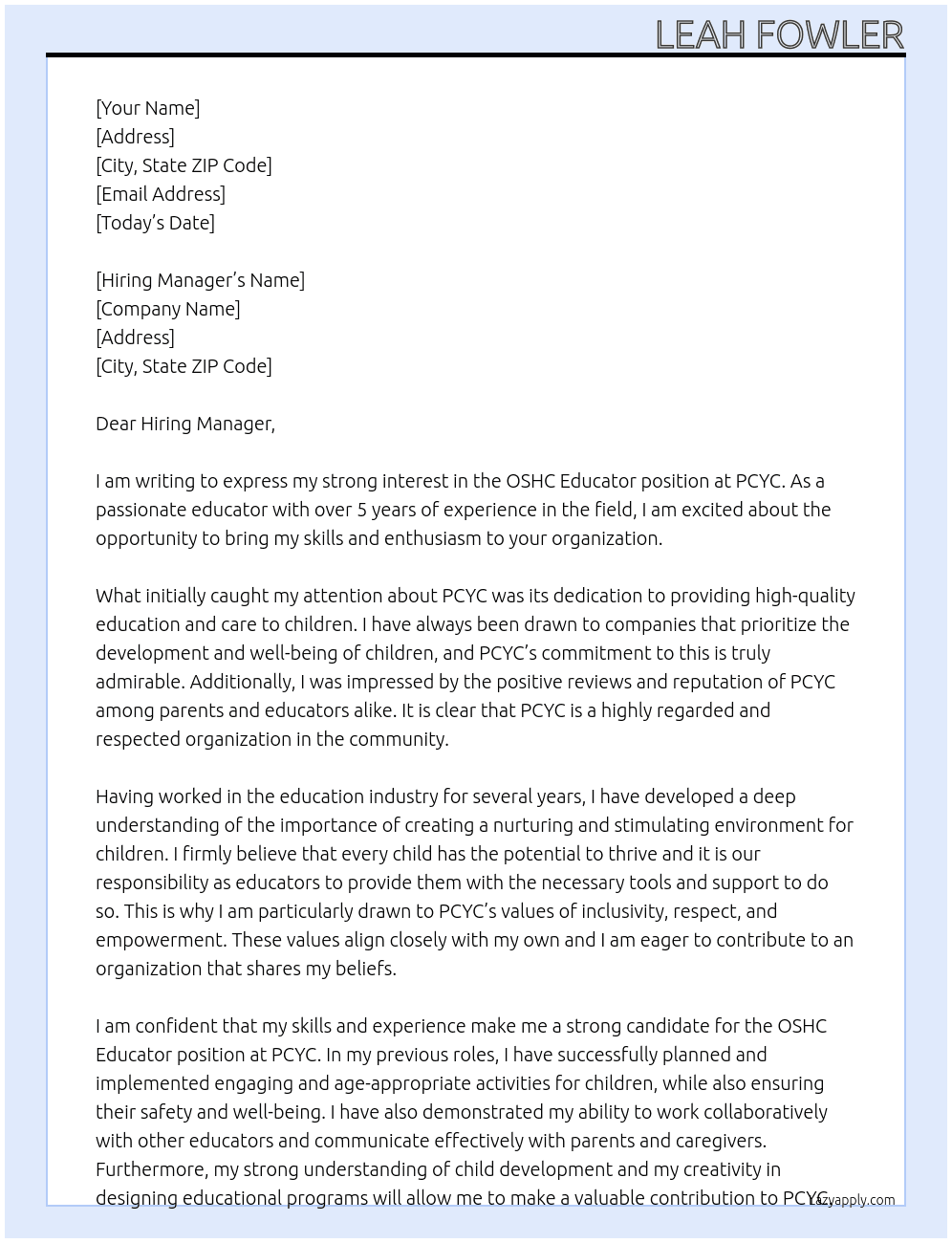 OSHC Educator At PCYC Cover Letter