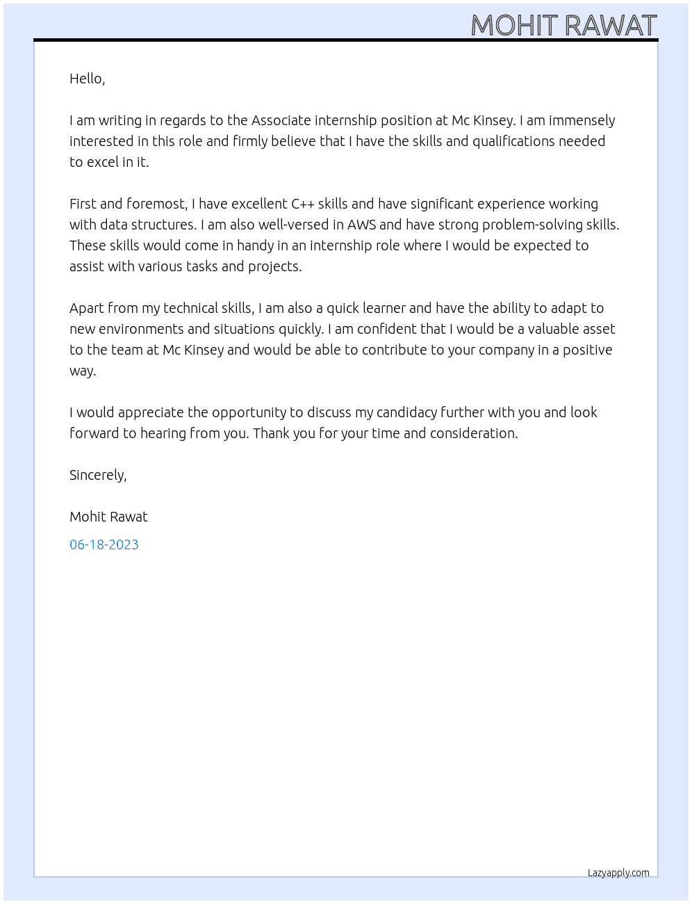Associate internship  At Mc kinsey Cover Letter