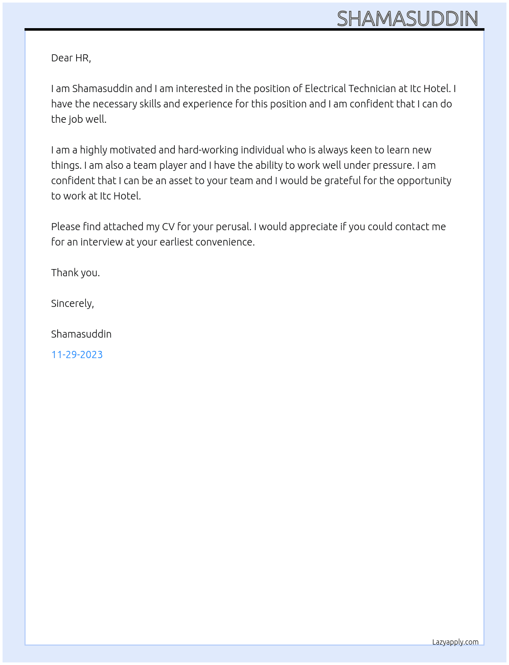Electrical technician  At Itc hotel Cover Letter