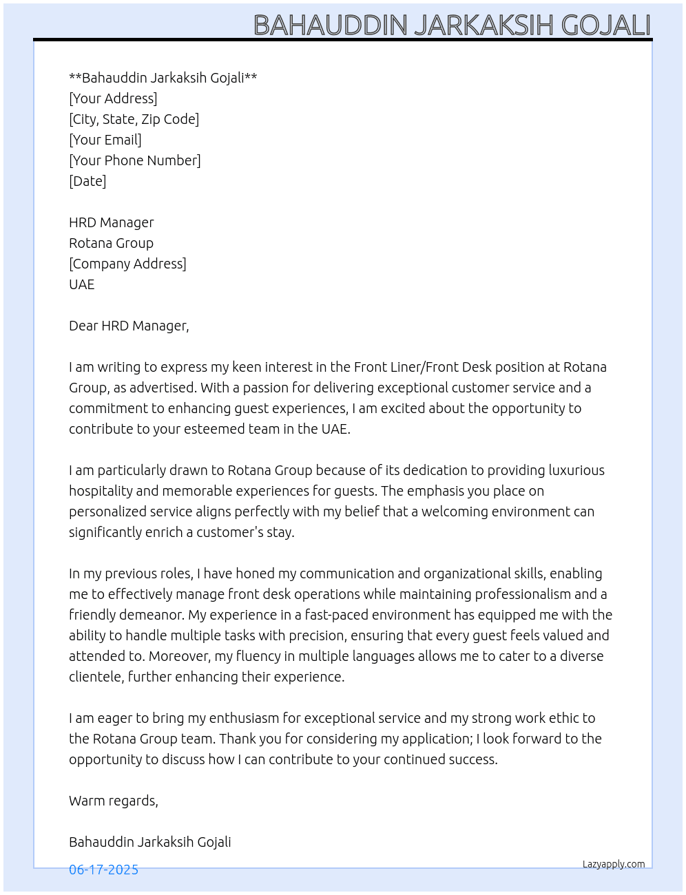 Front Liner / Front Desk  At Rotana Group Cover Letter
