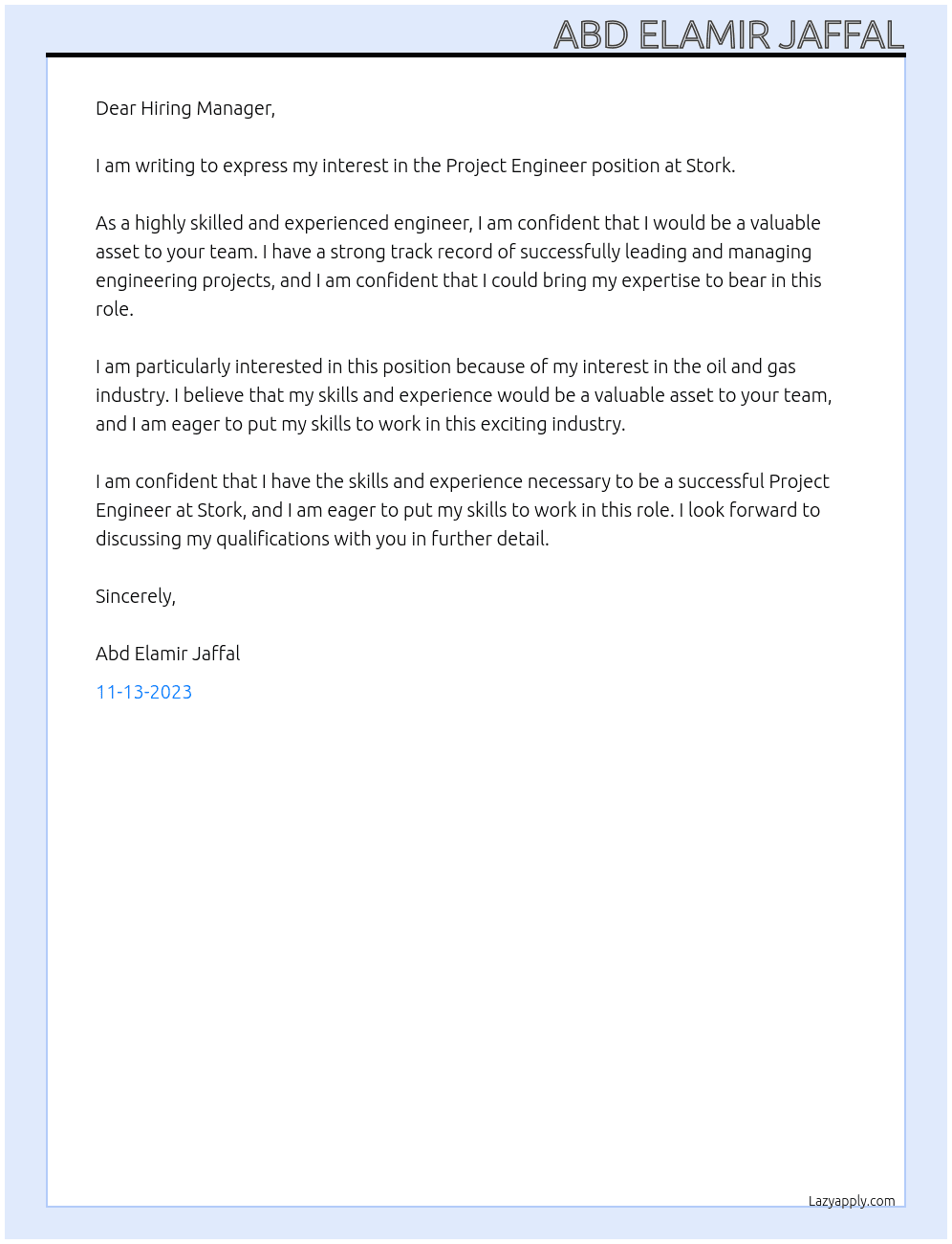 Project Engineer At Stork Cover Letter