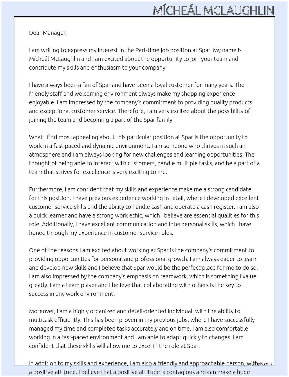 Part time job At Spar Cover Letter