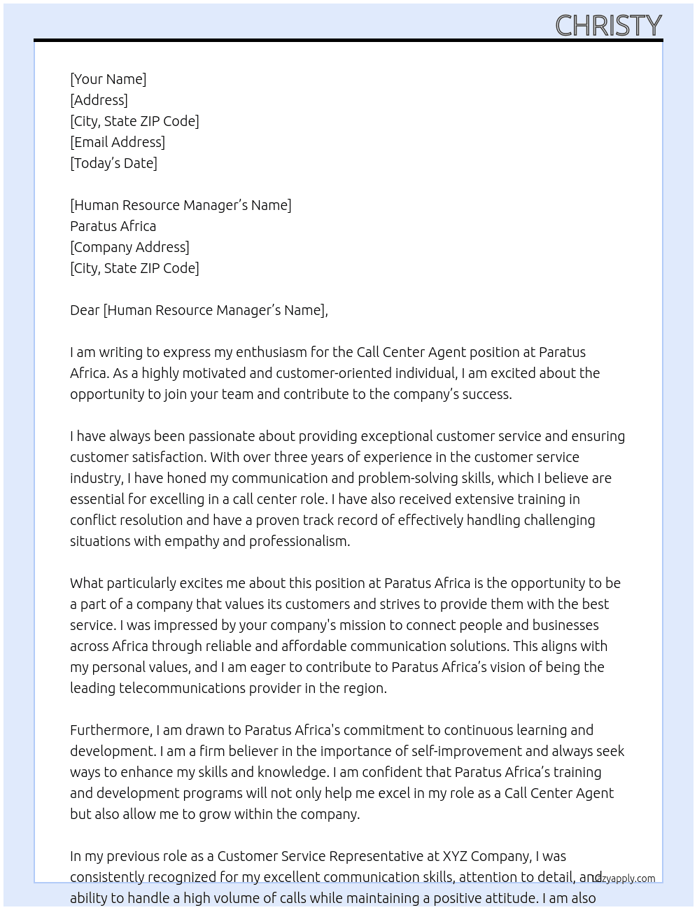 Call Center Agent At Paratus Africa Cover Letter
