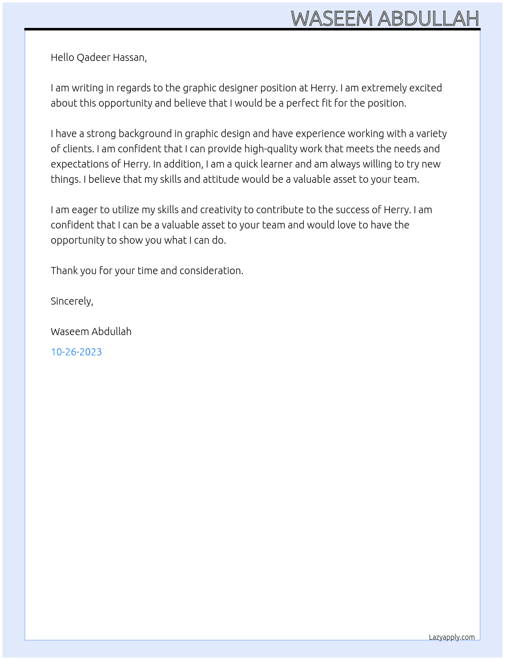 Graphic designer At Herry Cover Letter