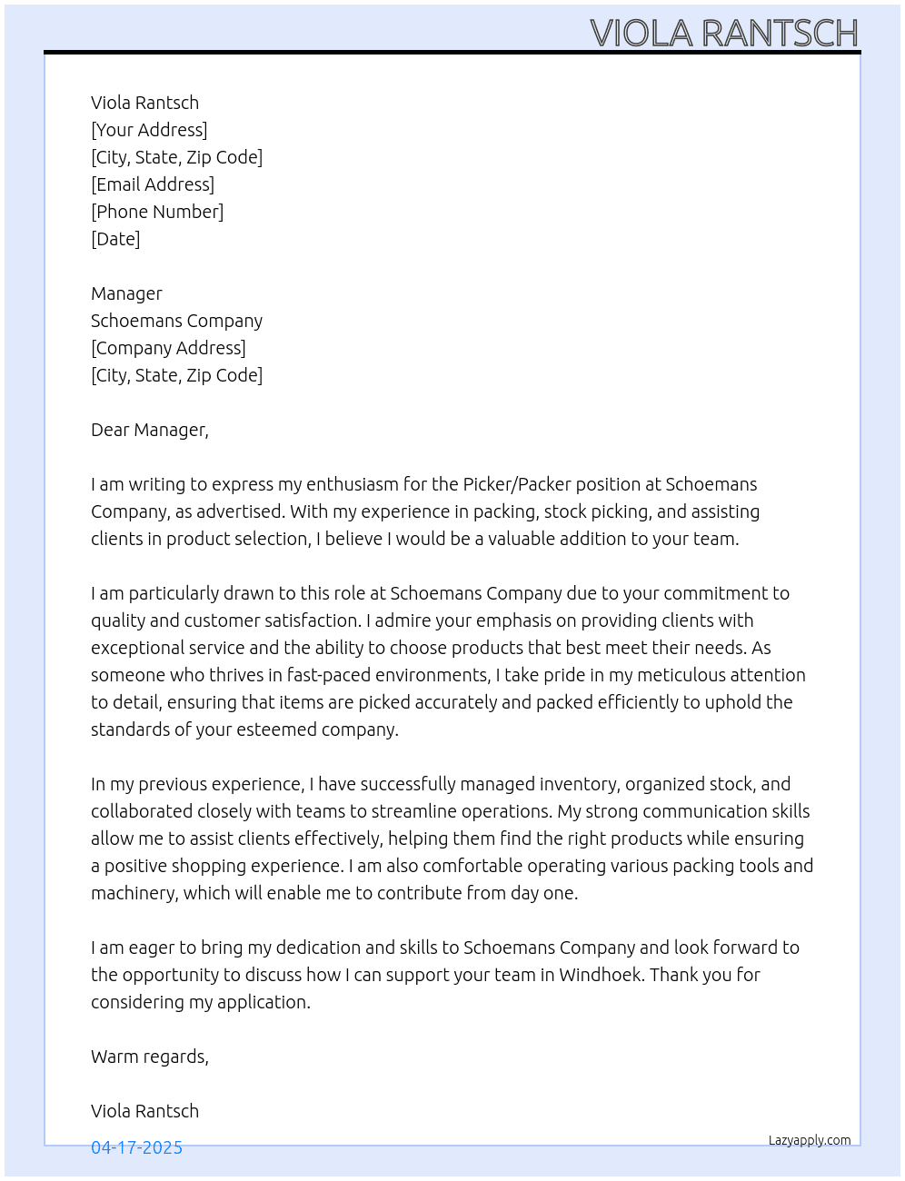Picker/Packer At Schoemans Company Cover Letter