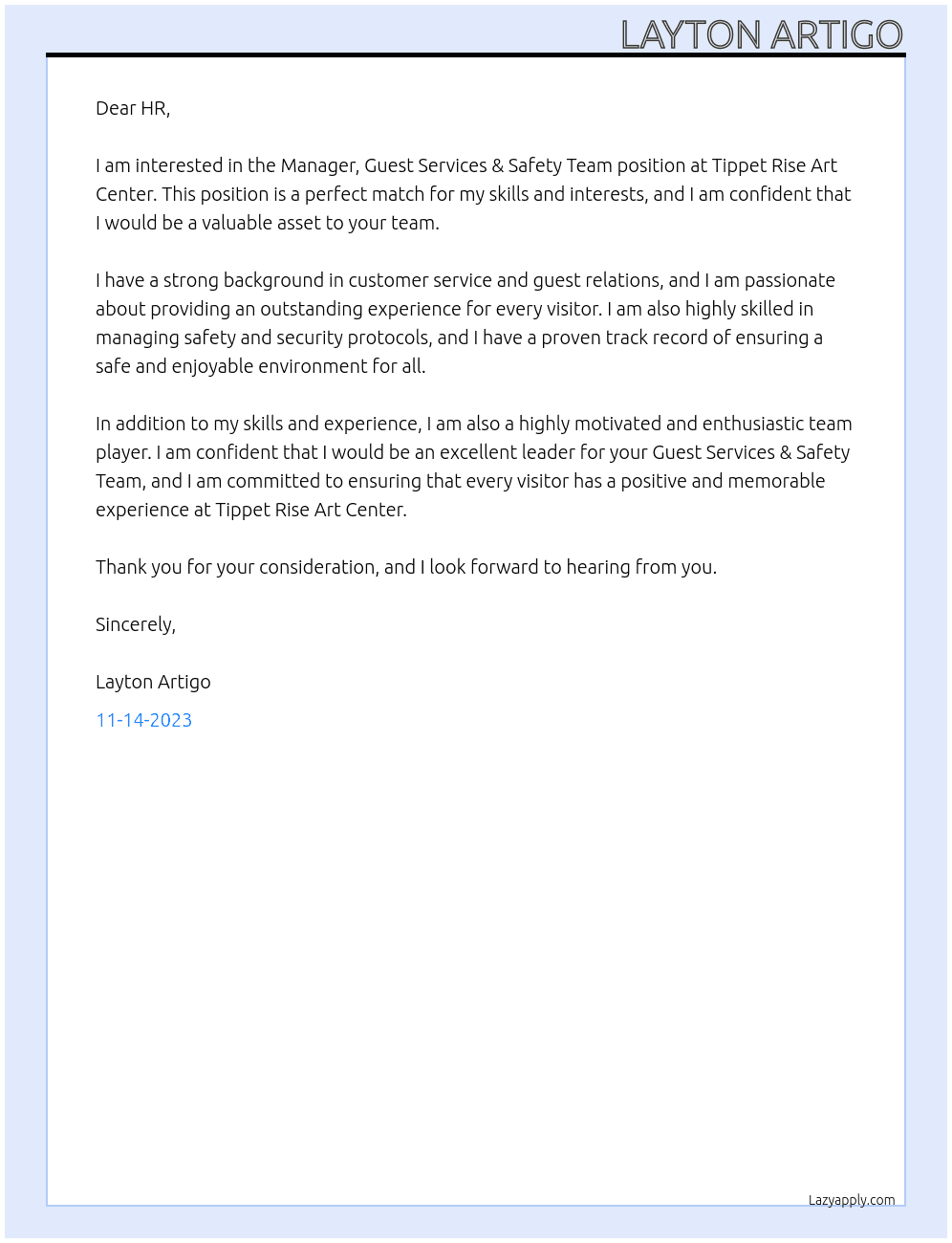 Manager, Guest Services & Safety Team At Tippet Rise Art Center Cover Letter