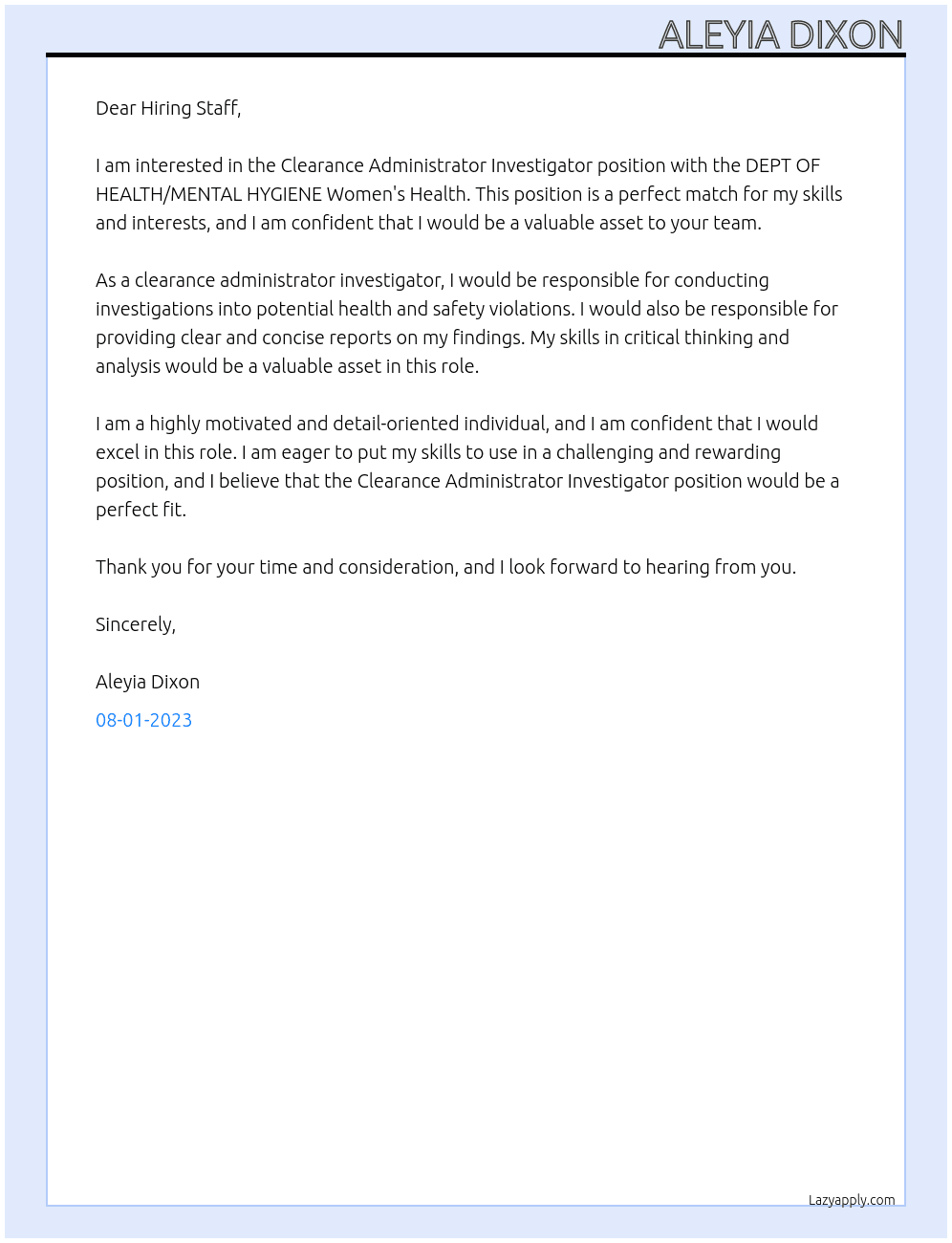 Clearance Administrator Investigator At DEPT OF HEALTH/MENTAL HYGIENE Women's Health Cover Letter