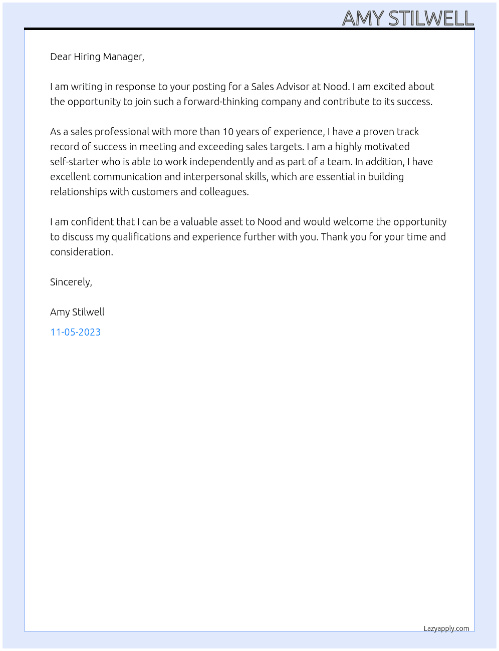 Sales Advisor At Nood  Cover Letter