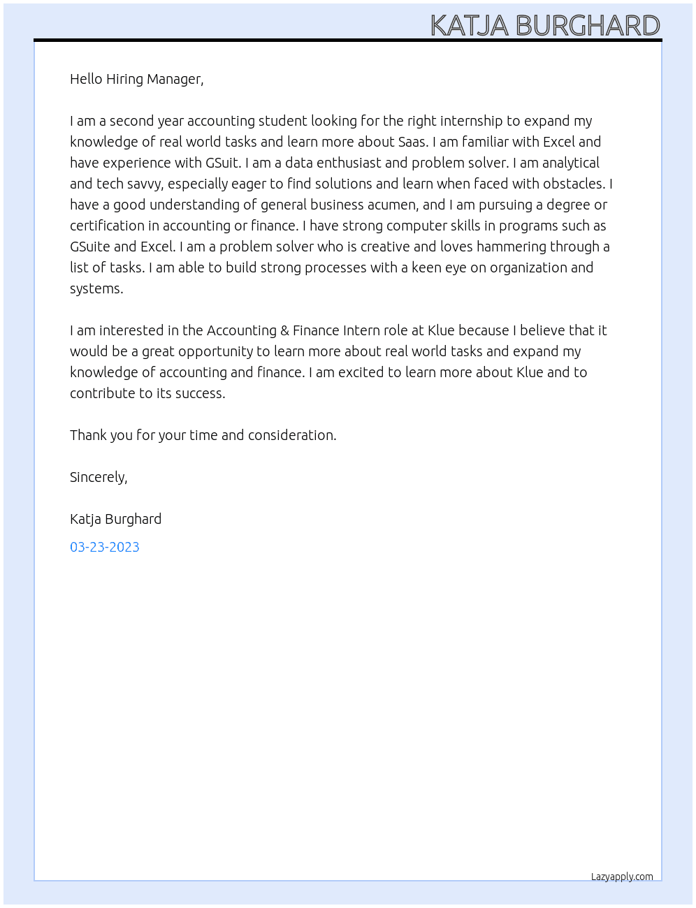 Accounting & Finance Intern At Klue Cover Letter