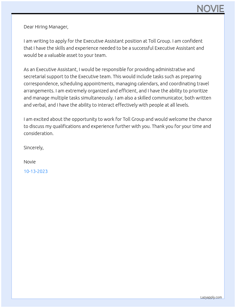 Executive Assistant At Toll Group Cover Letter